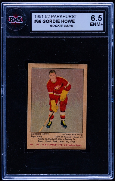 1951-52 Parkhurst Hockey Card #66 HOFer Gordie Howe Rookie – Graded KSA 6.5