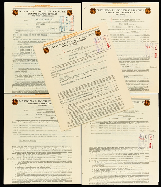 Toronto Maple Leafs 1980s Official NHL Players Contract Collection of 5 including Craig Muni with Deceased HOFer Punch Imlach Signature