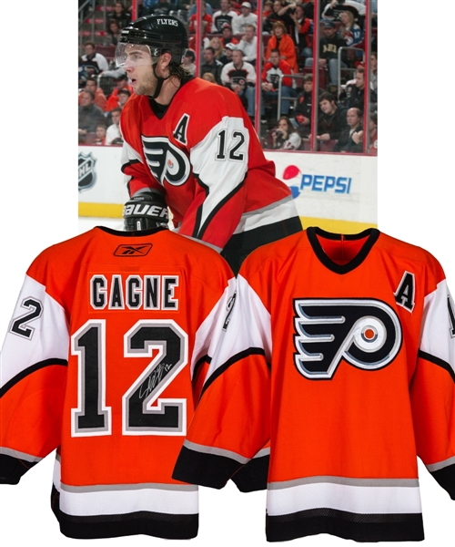 Simon Gagne’s 2005-06 Philadelphia Flyers Signed Game-Worn Alternate Captain’s Third Jersey with LOA  - Career High Season for Goals (47) and Points (79)