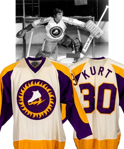 Gary Kurts 1973-74 WHA New York Golden Blades Game-Worn Jersey with Original Name on Back - First and Only Season for Team in WHA! - Photo-Matched!