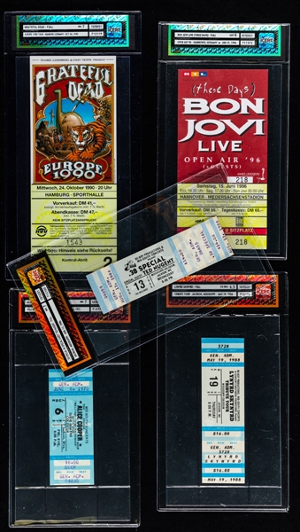 1975 to 1990 Full Concert Tickets Collection of 5 Graded by iCERT including Alice Cooper (1975), Bon Jovi (1996), Lynyrd Skynyrd (1988) and Grateful Dead (1990)
