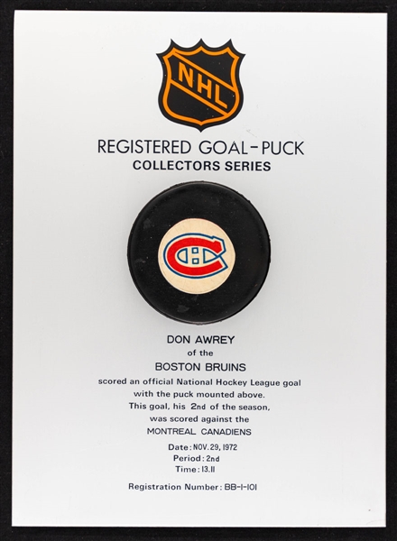 Don Awreys Boston Bruins November 29th 1972 Goal Puck on Plaque from the NHL Goal Puck Program - 2nd Goal of Season / Career Goal #21