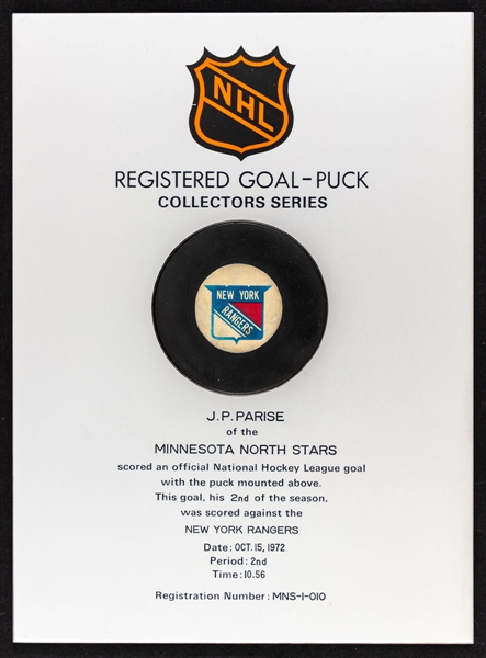 J.P. Parises Minnesota North Stars October 15th 1972 Goal Puck on Plaque from the NHL Goal Puck Program - 2nd Goal of Season / Career Goal #91