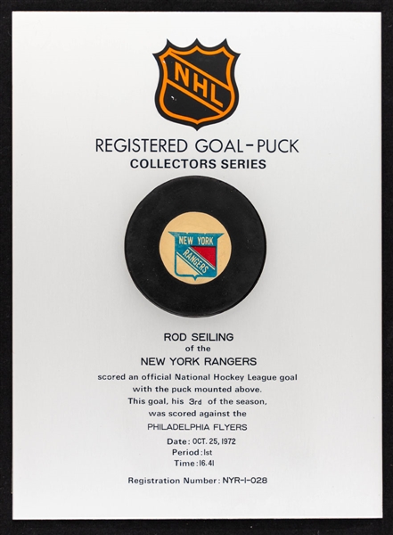 Rod Seilings New York Rangers October 25th 1972 Goal Puck on Plaque from the NHL Goal Puck Program - 3rd Goal of Season / Career Goal #37
