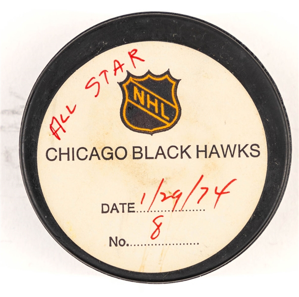 Denis Potvins 1974 NHL All-Star Game "East All-Stars" Goal Puck from the NHL Goal Puck Program - 1st All-Star Game Goal of Career  (8th Goal of the All-Star Game)