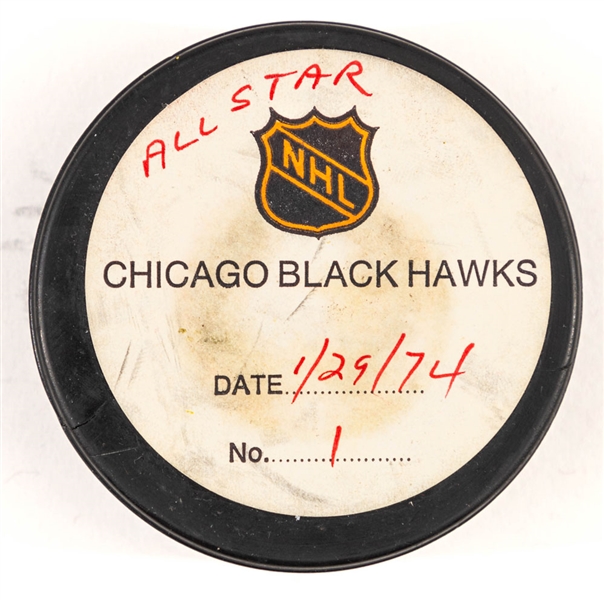 Frank Mavhovlichs 1974 NHL All-Star Game "East All-Stars" Goal Puck from the NHL Goal Puck Program - 8th All-Star Game Goal of Career (1st Goal of the All-Star Game)