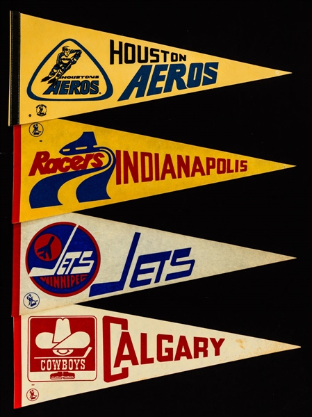 Vintage and Modern NHL, WHA, CFL and NFL Pennant Collection of 43