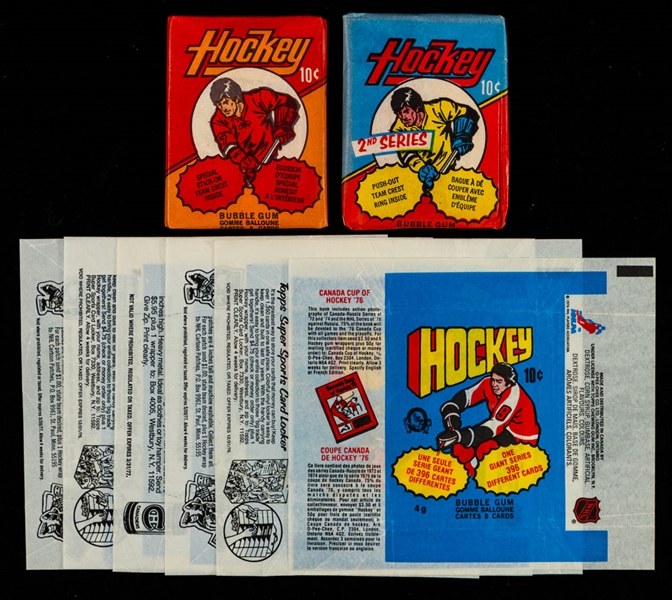 1973-74 O-Pee-Chee Hockey First and Second Series Wax Packs (2) Plus 1976-77 O-Pee-Chee and Topps Hockey Wrappers (6)