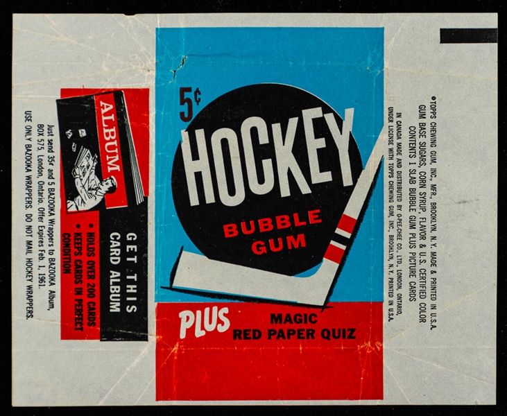 1960-61 Topps Hockey Card Wrapper (Album Offer)