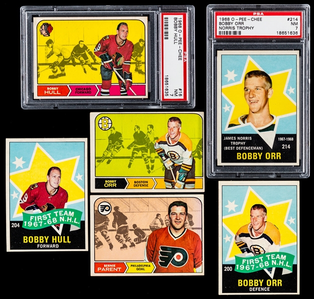 1968-69 O-Pee-Chee Hockey Complete 216-Card Set Including PSA-Graded Cards #16 HOFer Bobby Hull (PSA 7) and #214 HOFer Bobby Orr (PSA 7)