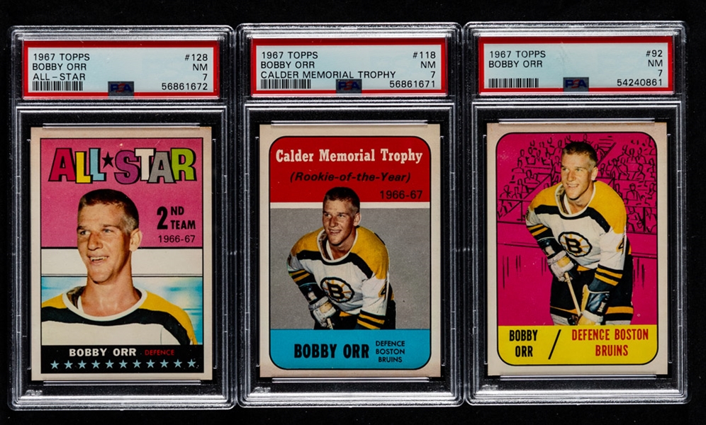 1967-68 Topps Hockey Complete 132-Card Set with PSA-Graded Cards (9) Including #92, #118 & #128 of HOFer Bobby Orr (Each PSA 7), #75 HOFer Vachon Rookie (PSA 8) and #3 HOFer Lemaire Rookie (PSA 6)