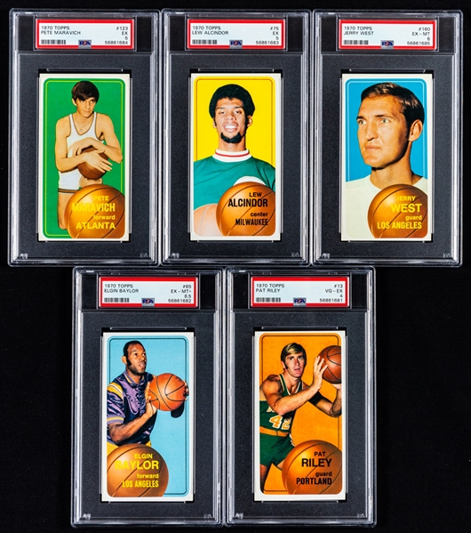 1970-71 Topps Basketball Complete 175-Card Set with PSA-Graded Cards (5) Including #75 HOFer Lew Alcindor (EX 5), #123 HOFer Pete Maravich Rookie (EX 5) and #160 HOFer Jerry West (EX-MT 6)