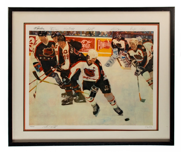 1990 NHL All-Star Game Multi-Signed Limited-Edition Bernie Fuchs Framed Lithograph #202/750 Including Lemieux, Gretzky, Bourque, Roy, Messier, Yzerman and LaFontaine w/Classic Auctions LOA (35" x 42")