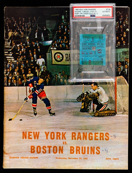 November 23rd 1966 MSG Program and Ticket Stub (Graded PSA Authentic) - NY Rangers vs Boston Bruins - Bobby Orr Career Goals 4 & 5