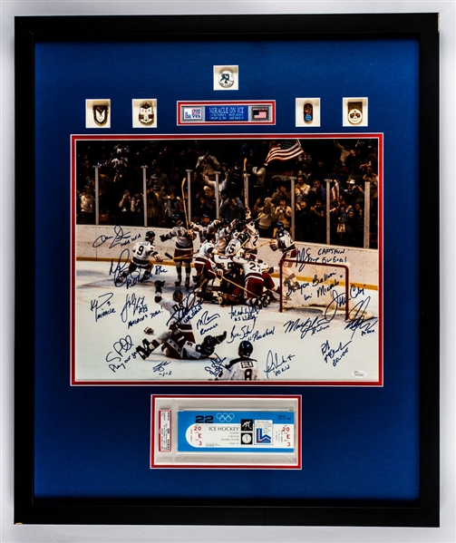 1980 US Olympic Team "Miracle on Ice" Team-Signed Photo Display with February 22nd Full Ticket Graded Authentic by PSA (USA vs Russia) - JSA COA (27" x 32 1/2") 