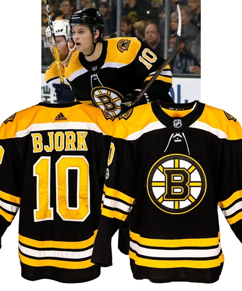 Anders Bjorks 2017-18 Boston Bruins "NHL Debut" Game-Worn Jersey with Team LOA - First NHL Point! - Photo-Matched! - NHL Centennial Patch! 