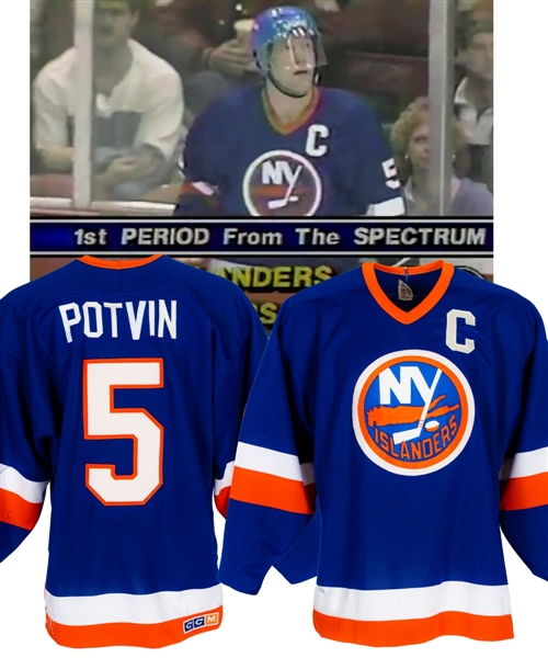Denis Potvins 1986-87 New York Islanders Game-Worn Captains Jersey with LOA - Team Repairs! - Video-Matched!