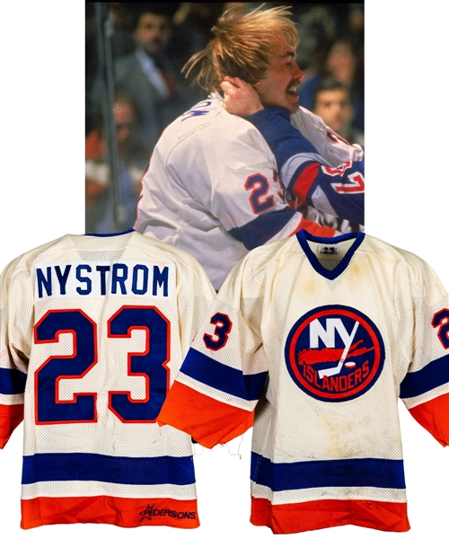 Bob Nystroms 1984-85 New York Islanders Game-Worn Jersey with LOA - Photo-Matched to McPhee Fight!