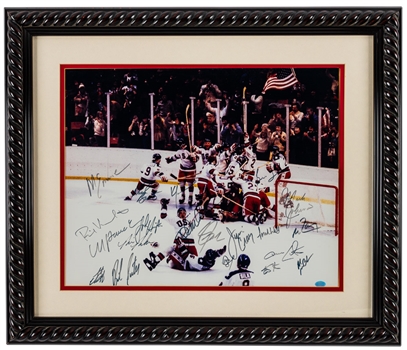 1980 Team USA "Miracle on Ice" Team-Signed Framed Photo Plus Framed 1980 Official Lake Placid Olympics Poster