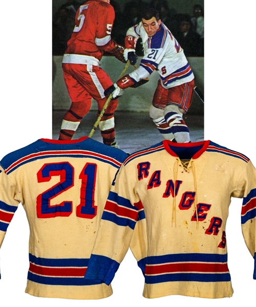 Camille Henrys Late-1950s New York Rangers Game-Worn Jersey with LOA - Numerous Team Repairs!