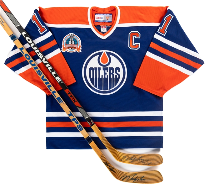 Mark Messier Signed Edmonton Oilers Pro On-Ice Vintage Series Jersey Plus Signed New York Rangers Game-Issued and Store Model Sticks (2)