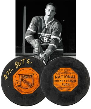 Jean Beliveaus Montreal Canadiens March 9th 1961 NHL Career Goal Puck #271 with His Signed LOA - Passes Howie Morenz and Aurele Joliat