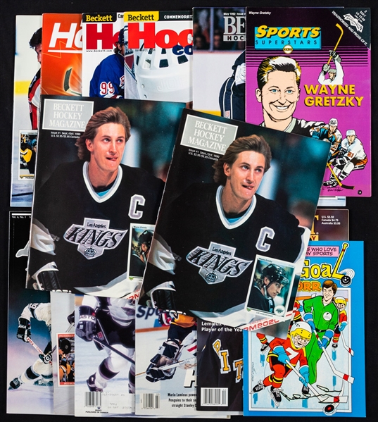 Mario Lemieux and Wayne Gretzky Hockey Magazines (14) Plus 1982 Nabisco First Goal with Bobby Orr Comic Book Signed by Orr