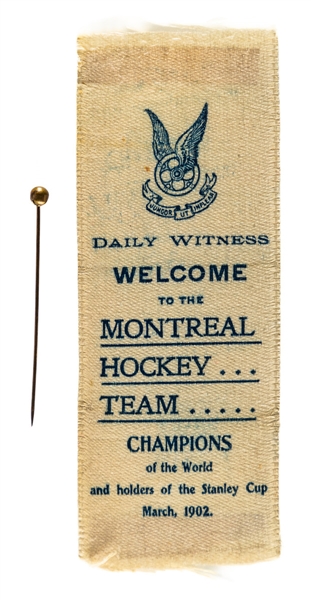 Scarce 1902 Montreal Amateur Athletic Association (M.A.A.A.) Hockey Team Stanley Cup Champions Ribbon (2" x 5 1/2")