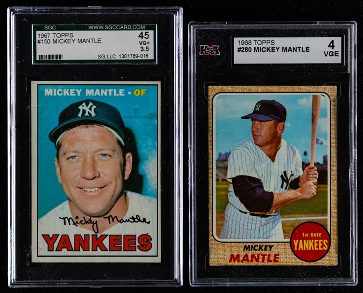 1967 Topps Baseball Card #150 HOFer Mickey Mantle (Graded SGC 3.5) and 1968 Topps #280 HOFer Mickey Mantle (Graded KSA 4)