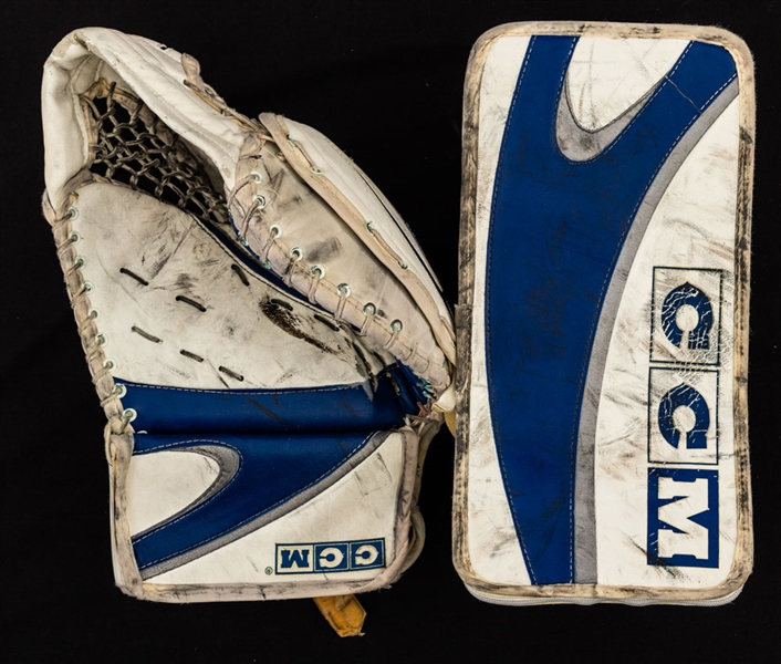 Ed Belfour’s 2002-03 Toronto Maple Leafs Game-Used CCM Heaton Glove and Blocker Plus Signed CCM Heaton Game-Issued Stick with His Signed LOA