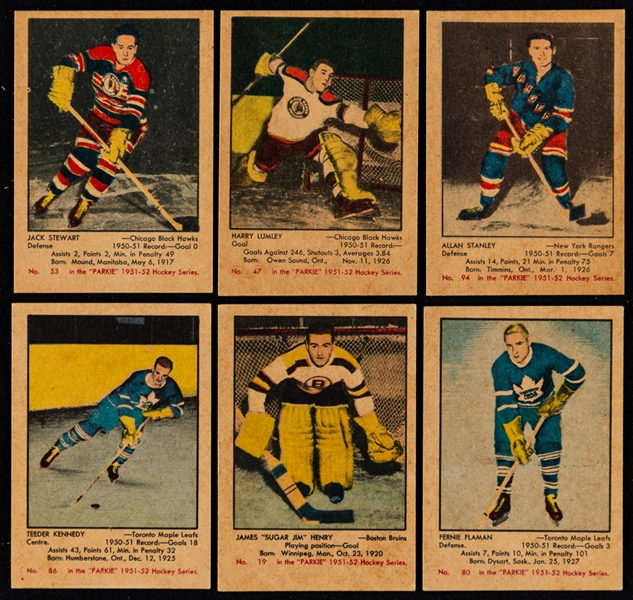 1951-52 Parkhurst Hockey Cards (39) Including Rookie Cards of HOFers #47 Harry Lumley, #49 Bill Mosienko, #70 Harry Watson, #86 Ted Kennedy, #94 Allan Stanley and #104 Chuck Rayner