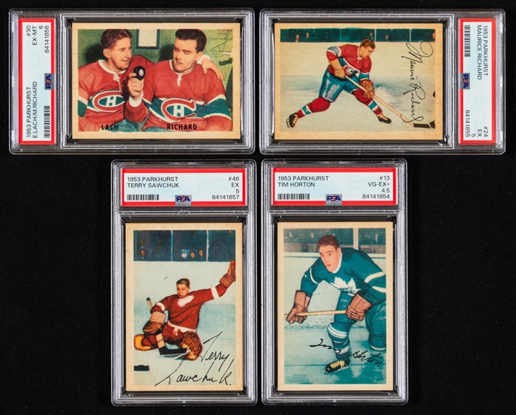 1953-54 Parkhurst Hockey Starter Set (47/100) Plus Extras (5) - Includes PSA-Graded Cards of HOFers  #24-Richard (EX 5), #30-Richard/Lach (EX-MT 6), #13-Horton (VG-EX+ 4.5) and #46-Sawchuk (EX 5)