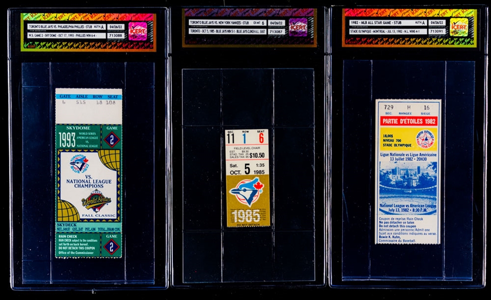 1983 MLB All-Star Game Ticket Stub, 1985 Toronto Blue Jays Ticket Stub and 1993 World Series Game 2 Ticket Stub - All iCert Certified