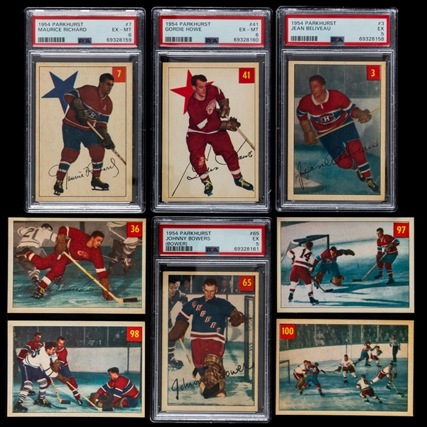 1954-55 Parkhurst Hockey Complete 100-Card Set Including PSA-Graded Cards of HOFers #3 Jean Beliveau (EX 5), #7 Maurice Richard (EX-MT 6), #41 Gordie Howe (EX-MT 6) and #65 Johnny Bower Rookie (EX 5)