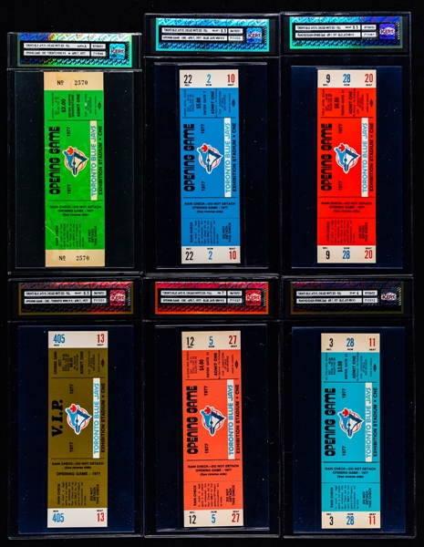 Toronto Blue Jays April 7th 1977 Inaugural Game Full Tickets (6) - Includes Each of the Six Colour Variations - Each Ticket is iCert Certified and Graded