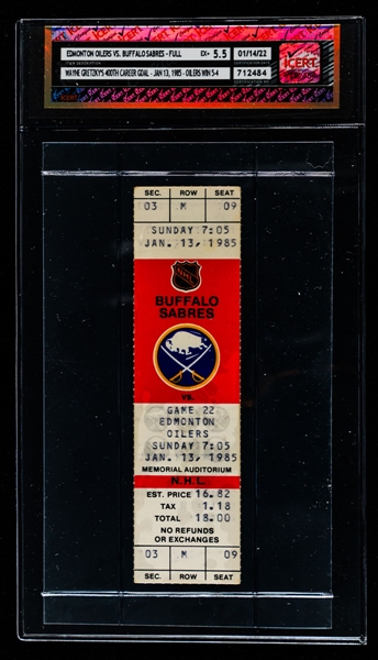 January 13th 1985 Wayne Gretzky "400 Goals" Full Ticket - Edmonton Oilers 5 Buffalo Sabres 4 - iCert Certified and Graded EX+ 5.5
