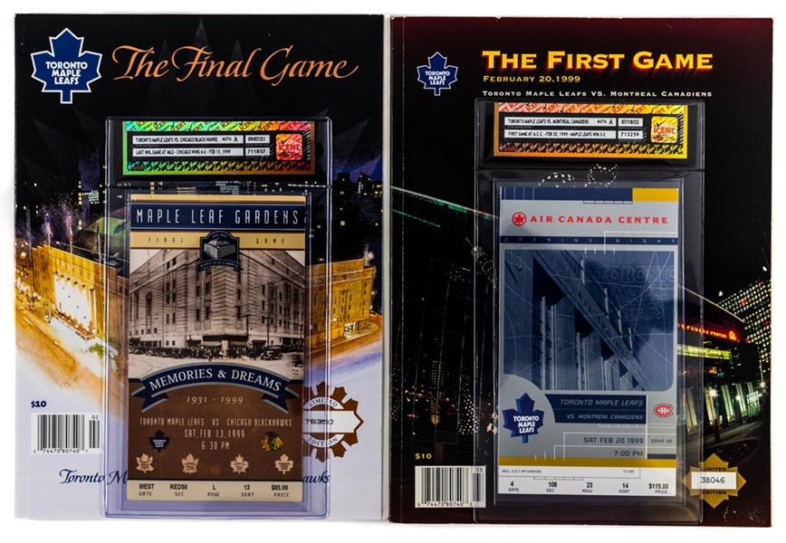 Toronto Maple Leafs Feb. 13th 1999 Final Game at Maple Leafs Gardens Program and Ticket (iCert Certified) and Feb. 20th 1999 First Game at Air Canada Centre Program and Ticket (iCert Certified)