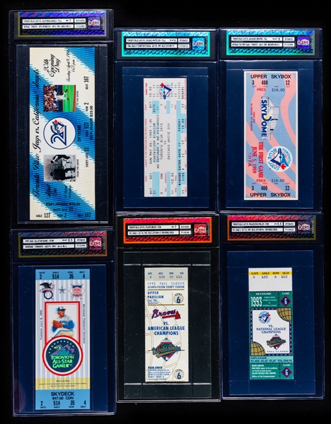 Toronto Blue Jays Tickets (6) Including 1989 Final Game CNE Stadium, 1989 First Game Skydome and 92 & 93 World Series Clinching Game Tickets (2) - Each Ticket is iCert Certified and Graded