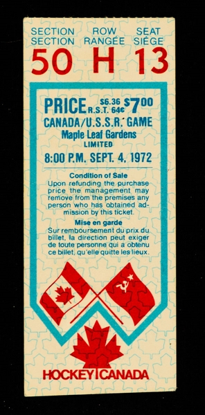 1972 Canada-Russia Series Game 2 Ticket Stub from Maple Leaf Gardens Plus Official 1972 Canada-Russia Series Program