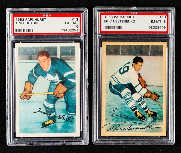 1953-54 Parkhurst Hockey Card #13 HOFer Tim Horton (Graded PSA 6) and #10 Eric Nesterenko Rookie (Graded PSA 8)