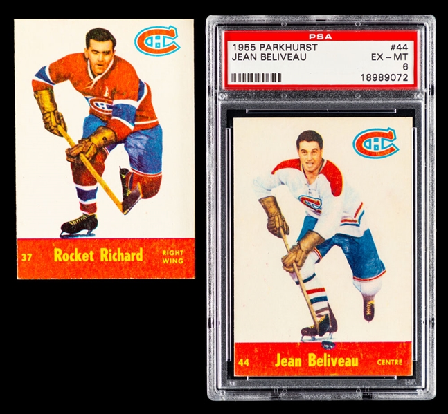 1955-56 Parkhurst Hockey Card #44 HOFer Jean Beliveau (Graded PSA 6) and #37 HOFer Maurice Richard