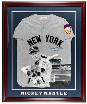 Mickey Mantle Signed New York Yankees Jersey with Hand Painted Artwork by William Zavala Framed Display with JSA LOA (37 ½” x 45 ½”)