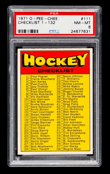 1971-72 O-Pee-Chee Hockey Card #111 Checklist 1st Series 1-132 - Graded PSA 8