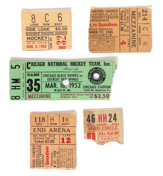 Vintage 1940s/50s NHL Ticket Stub Collection of 5 including Game 2 1958 Stanley Cup Finals 