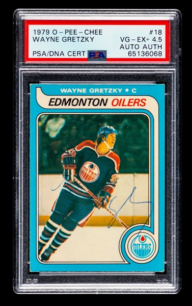 1979-80 O-Pee-Chee Hockey #18 HOFer Wayne Gretzky Signed Rookie Card - Graded PSA 4.5 (PSA/DNA Auto Authentic)
