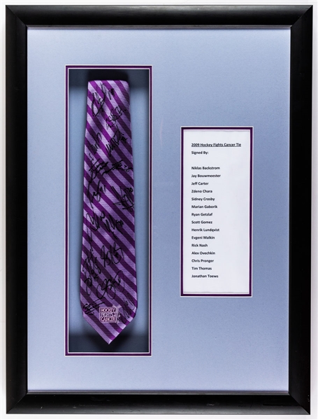 NHL Hockey Fights Cancer 2009 Multi-Signed Tie Framed Display with LOA Including Sidney Crosby, Alexander Ovechkin, Jonathan Toews and Henrik Lundqvist