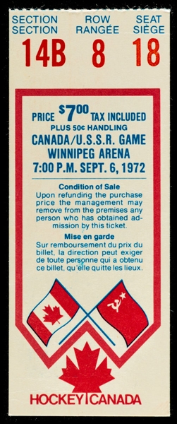 1972 Canada-Russia Series Game 3 Ticket Stub from Winnipeg Arena (Red Variation)
