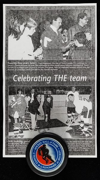 September 28th 1997 Ceremonial Face-Off Used Puck for 25th Reunion Intra-Squad Game of Team Canada 1972 Held at Maple Leaf Gardens with Provenance