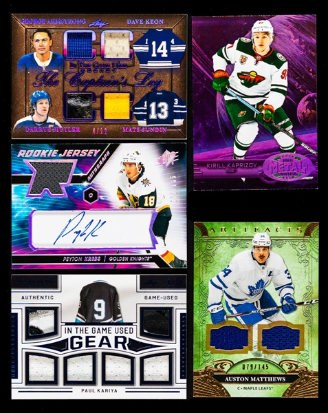2019-20 & 2020-21 Hockey Cards (29) Incl. 2020-21 Metal Universe Purple Spectrum Card #R-44 Kirill Kaprizov Rookie (152/199) and 2020-21 SPx Rookie Jersey Autograph Card #KR Peyton Krebs (073/16