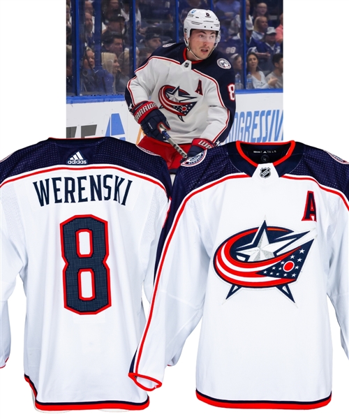 Zach Werenskis 2021-22 Columbus Blue Jackets Game-Worn Alternate Captains Jersey with LOA - Photo-Matched!